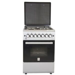 Standing Cooker, 58cm x 58cm, 3Gas Pool Jet Burners + 1 RAPID Hot Plate, FLAME FAILURE SAFETY, Button Ignition, 4 Function Electric Oven, Rotisserie, S.S Hob, Silver Body