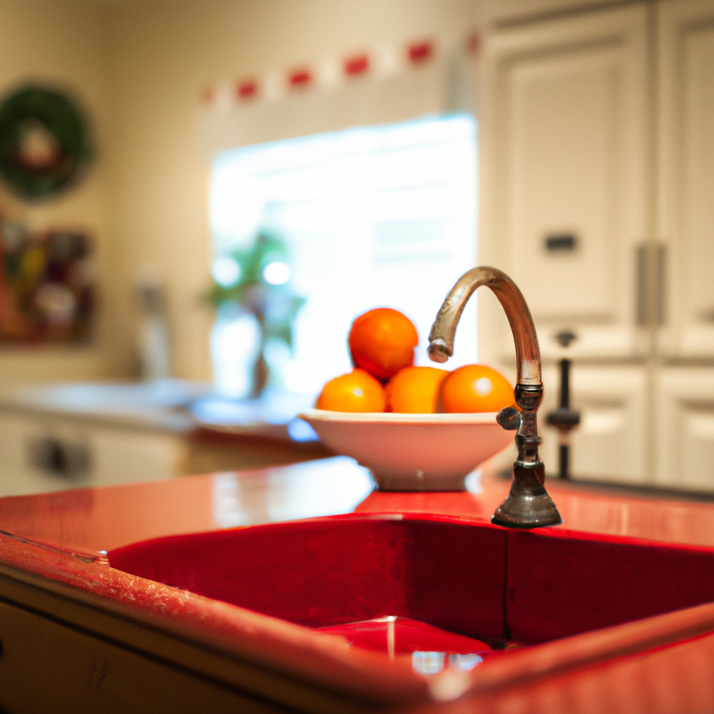 bright red enamel sink in a small kitchen in Kenya and half of the kitchen showing with fruits on the table
