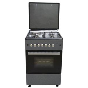 Standing Cooker, 58cm x 58cm, 3Gas Pool Jet Burners + 1 RAPID Hot Plate, Button Ignition, 4 Function Electric Oven, Rotisserie, S.S Hob, Décor Silver Body